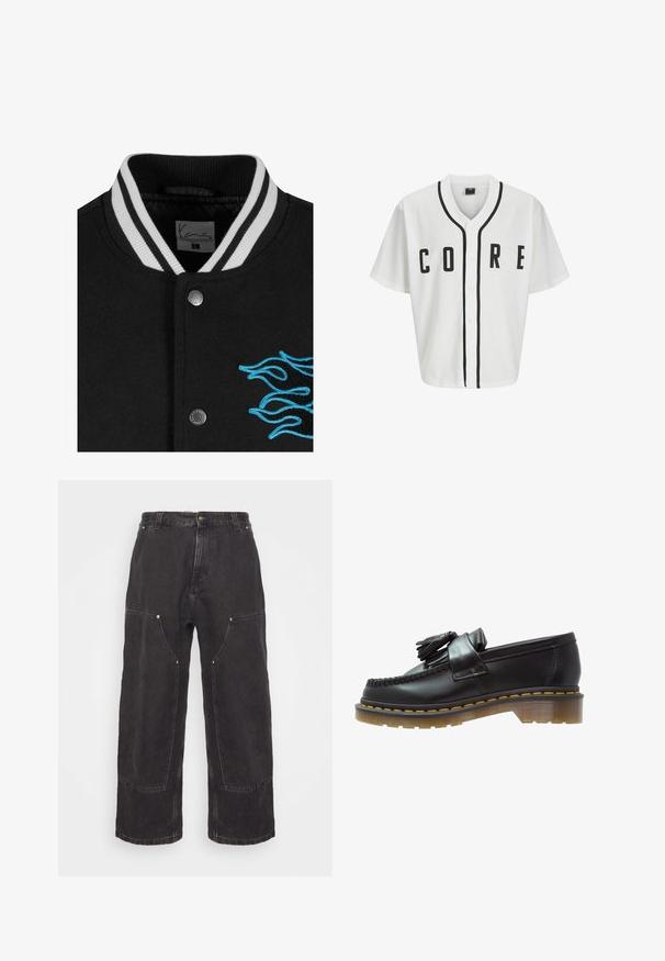 Černá varsity bunda s bílými pruhovanými límci, zapínáním na cvoky a výraznou modrou vyšívanou plamenovou ilustrací na levé straně.; Bílý baseballový dres s krátkými rukávy, černými předními knoflíky a výrazným nápisem "CORE" v černé barvě. Obsahuje černé akcenty podél límce.; Bílý bavlněný tričko s dlouhými rukávy a kulatým výstřihem, na levé části hrudi se nachází malé logo v žluté a burgundské barvě. Bezšvové manžety a lem.; Carhartt WIP NASH PANT SMITH - Džíny Relaxed Fit - black stone washed; Černé kožené mokasíny s texturovaným povrchem, zdobené dekorativním třásněm a kontrastním žlutým prošíváním, na robustní průhledné podrážce.