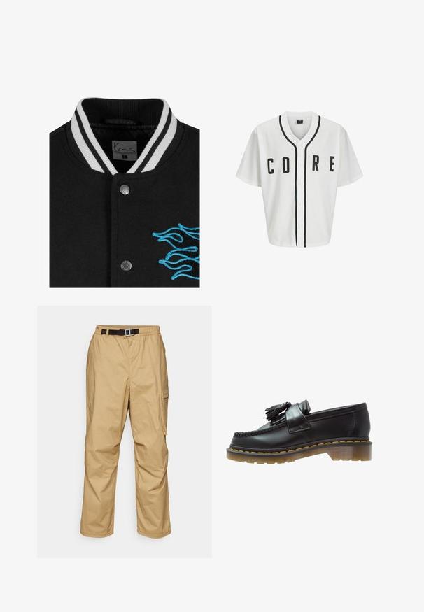 Čierna varsity bunda s bielym prúžkovaným golierom, zapínaním na cvoky a živou modrou výšivkou plameňa na ľavej strane.; Biela baseballová mikina s krátkymi rukávmi, čiernymi prednými gombíkmi a výrazným nápisom "CORE" v čiernej farbe. Má čierne akcenty pozdĺž goliera.; Dlhý rukáv bielej bavlnenej tričko s okrúhlym výstrihom, s malým žltým a vínovým logom na ľavej hrudi. Bezšvové manžety a lem.; Svetlomodré cargo nohavice vyrobené z ľahkej tkaniny, s uvoľneným strihom, nastaviteľným čiernym opaskom a bočnými vreckami pre praktické využitie.; Čierne kožené mokasíny s textúrovaným povrchom, so zdobnou strapcovou aplikáciou a kontrastným žltým prešívaním, na masívnej priehľadnej podrážke.