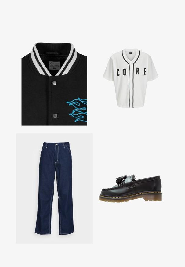 Crni универзитетски капут са белим пругастим коларом, затварањем на дугмиће и живописном плавом ватрографијом на левој страни.; Bijela majica u bejzbol stilu s kratkim rukavima, crnim prednjim dugmadima i istaknutim crnim natpisom "CORE". Ima crne akcentne trake oko ovratnika.; Dugi rukav bijela pamučna majica s okruglim izrezom, sa malim žutim i burgundskim logom na lijevoj strani prsnog koša. Bezšavne manžete i rub.; Tamno plave traperice širokih nogavica s visokim strukom, prednjim džepovima i kontrastnim bijelim šavovima.; Crne kožne mokasine s teksturiranim finišem, s dekorativnom resom i kontrastnim žutim šavovima, na debelom prozirnom đonu.