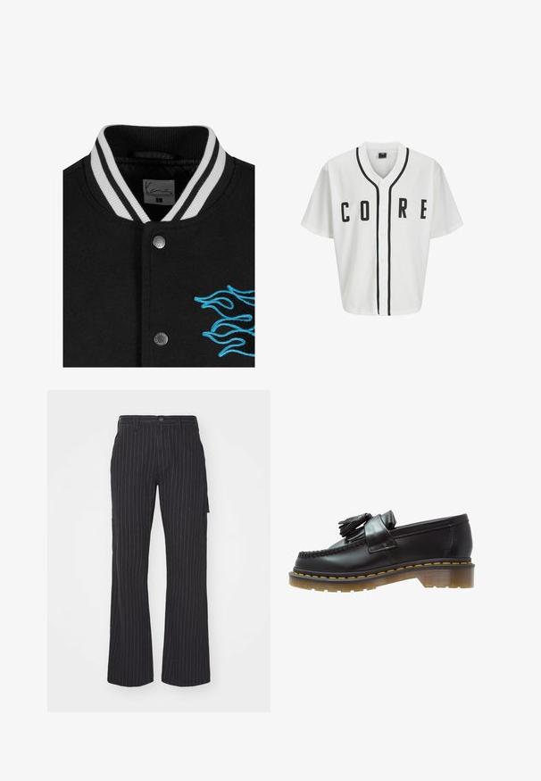 Melna koledžas jaka ar baltu svītrainu apkakli, pogu aizdari un spilgtu zilu liesmu izšuvumu kreisajā pusē.; Balta beisbola stila krekls ar īsām piedurknēm, melniem priekšējiem pogām un izteiksmīgu melnu "CORE" uzrakstu. Iezīmē melnu akcentu apdari ap kaklu.; Gari garām piedurknēm balts kokvilnas T-krekls ar apaļu kakla izgriezumu, ar nelielu dzeltenu un bordo logotipu kreisajā krūtī. Bezšuvju aproces un apakšmala.; Melni svītraini platā kāju bikses ar plakanu priekšpusi, augstu jostasvietu un sānu kabatām, izgatavotas no teksturēta auduma, ar kontrastējošām svītrām.; Melni ādas loafers ar teksturētu apdari, ar dekoratīvu pušķi un kontrastējošām dzeltenām šuvēm, uz masīvas caurspīdīgas zoles.