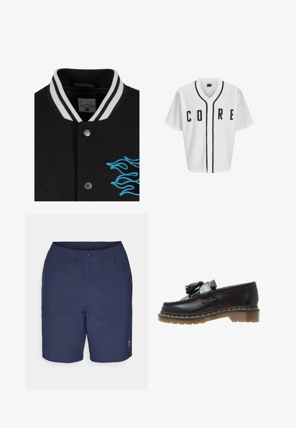 Černá varsity bunda s bílými pruhovanými límci, zapínáním na cvoky a výraznou modrou vyšívanou plamenovou ilustrací na levé straně.; Bílý baseballový dres s krátkými rukávy, černými předními knoflíky a výrazným nápisem "CORE" v černé barvě. Obsahuje černé akcenty podél límce.; Bílý bavlněný tričko s dlouhými rukávy a kulatým výstřihem, na levé části hrudi se nachází malé logo v žluté a burgundské barvě. Bezšvové manžety a lem.; Námořnické modré šortky vyrobené z lehké tkaniny, s elastickým pasem, zapínáním na knoflík, bočními kapsami a malým logem.; Černé kožené mokasíny s texturovaným povrchem, zdobené dekorativním třásněm a kontrastním žlutým prošíváním, na robustní průhledné podrážce.