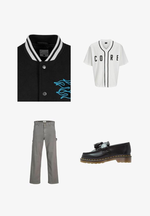 Crni универзитетски капут са белим пругастим коларом, затварањем на дугмиће и живописном плавом ватрографијом на левој страни.; Bijela majica u bejzbol stilu s kratkim rukavima, crnim prednjim dugmadima i istaknutim crnim natpisom "CORE". Ima crne akcentne trake oko ovratnika.; Dugi rukav bijela pamučna majica s okruglim izrezom, sa malim žutim i burgundskim logom na lijevoj strani prsnog koša. Bezšavne manžete i rub.; Sive hlače od pamuka. Imaju opušteni kroj, više džepova i zatvaranje na munje s gumbom. Ravne nogavice.; Crne kožne mokasine s teksturiranim finišem, s dekorativnom resom i kontrastnim žutim šavovima, na debelom prozirnom đonu.