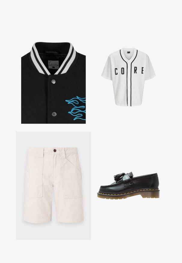 Čierna varsity bunda s bielym prúžkovaným golierom, zapínaním na cvoky a živou modrou výšivkou plameňa na ľavej strane.; Biela baseballová mikina s krátkymi rukávmi, čiernymi prednými gombíkmi a výrazným nápisom "CORE" v čiernej farbe. Má čierne akcenty pozdĺž goliera.; Dlhý rukáv bielej bavlnenej tričko s okrúhlym výstrihom, s malým žltým a vínovým logom na ľavej hrudi. Bezšvové manžety a lem.; Béžové bavlnené šortky s rovný strihom, dvoma bočnými vreckami, pásom s pútkami na opasok a hnedým gombíkovým zapínaním.; Čierne kožené mokasíny s textúrovaným povrchom, so zdobnou strapcovou aplikáciou a kontrastným žltým prešívaním, na masívnej priehľadnej podrážke.