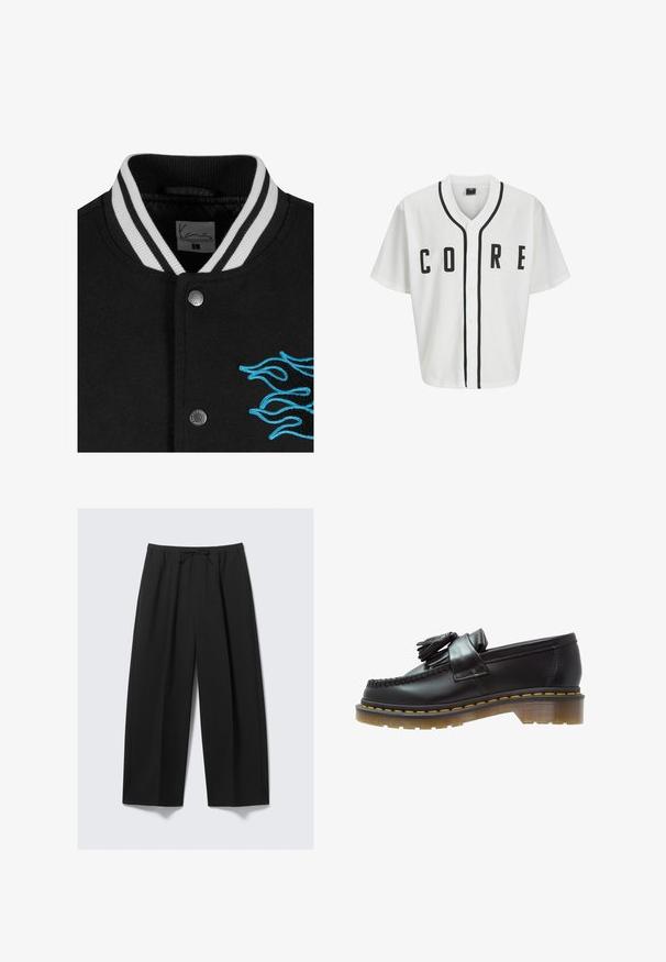 Černá varsity bunda s bílými pruhovanými límci, zapínáním na cvoky a výraznou modrou vyšívanou plamenovou ilustrací na levé straně.; Bílý baseballový dres s krátkými rukávy, černými předními knoflíky a výrazným nápisem "CORE" v černé barvě. Obsahuje černé akcenty podél límce.; Bílý bavlněný tričko s dlouhými rukávy a kulatým výstřihem, na levé části hrudi se nachází malé logo v žluté a burgundské barvě. Bezšvové manžety a lem.; Černé široké kalhoty vyrobené z lehkého materiálu, s elastickým pasem a šňůrkou na stažení, bez viditelných kapes.; Černé kožené mokasíny s texturovaným povrchem, zdobené dekorativním třásněm a kontrastním žlutým prošíváním, na robustní průhledné podrážce.
