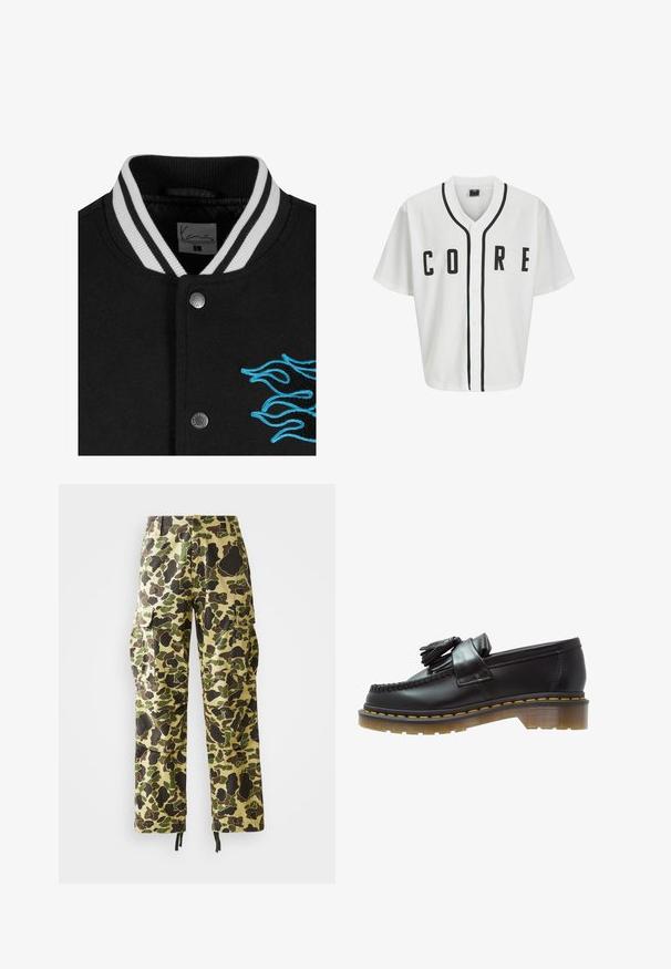 Crni универзитетски капут са белим пругастим коларом, затварањем на дугмиће и живописном плавом ватрографијом на левој страни.; Bijela majica u bejzbol stilu s kratkim rukavima, crnim prednjim dugmadima i istaknutim crnim natpisom "CORE". Ima crne akcentne trake oko ovratnika.; Dugi rukav bijela pamučna majica s okruglim izrezom, sa malim žutim i burgundskim logom na lijevoj strani prsnog koša. Bezšavne manžete i rub.; Muške cargo hlače ravnog kroja s uzorkom zelene, smeđe i bež kamuflaže, zatvaranje na dugme, bočne džepove i pojas sa pertlom na rubovima.; Crne kožne mokasine s teksturiranim finišem, s dekorativnom resom i kontrastnim žutim šavovima, na debelom prozirnom đonu.