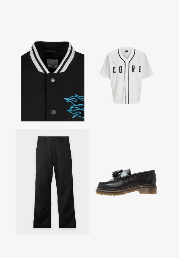 Schwarze College-Jacke mit einem weißen gestreiften Kragen, Druckknopfverschluss und lebendiger blauer Flammenstickerei auf der linken Seite.; Weißes Baseball-Trikot mit kurzen Ärmeln, schwarzen Frontknöpfen und fett gedrucktem "CORE"-Schriftzug in Schwarz. Mit schwarzen Akzenten entlang des Kragens.; Langärmliges weißes Baumwoll-T-Shirt mit Rundhalsausschnitt, das auf der linken Brust ein kleines gelbes und burgunderrotes Logo trägt. Nahtlose Bündchen und Saum.; Schwarze Hose aus robuster Baumwolle, mit Reißverschluss und Knopfverschluss, gerader Schnitt und seitlichen Taschen. Einfaches Design, keine Muster.; Schwarze Lederloafer mit strukturiertem Finish, ausgestattet mit einer dekorativen Quaste und kontrastierenden gelben Nähten, auf einer klobigen, transparenten Sohle.