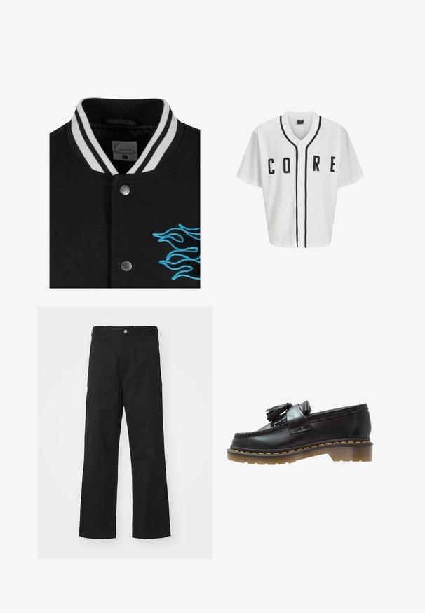 Schwarze College-Jacke mit einem weißen gestreiften Kragen, Druckknopfverschluss und lebendiger blauer Flammenstickerei auf der linken Seite.; Weißes Baseball-Trikot mit kurzen Ärmeln, schwarzen Frontknöpfen und fett gedrucktem "CORE"-Schriftzug in Schwarz. Mit schwarzen Akzenten entlang des Kragens.; Langärmliges weißes Baumwoll-T-Shirt mit Rundhalsausschnitt, das auf der linken Brust ein kleines gelbes und burgunderrotes Logo trägt. Nahtlose Bündchen und Saum.; Schwarze Hose aus strapazierfähigem Material mit geradem Schnitt, ausgestattet mit einem vorderen Knopfverschluss, Gürtelschlaufen und ohne sichtbare Muster oder Akzente.; Schwarze Lederloafer mit strukturiertem Finish, ausgestattet mit einer dekorativen Quaste und kontrastierenden gelben Nähten, auf einer klobigen, transparenten Sohle.