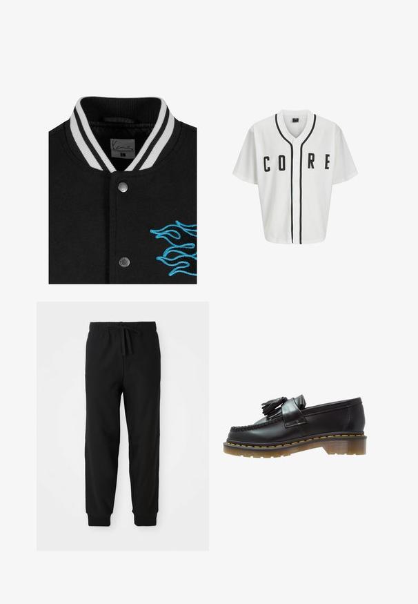 Schwarze College-Jacke mit einem weißen gestreiften Kragen, Druckknopfverschluss und lebendiger blauer Flammenstickerei auf der linken Seite.; Weißes Baseball-Trikot mit kurzen Ärmeln, schwarzen Frontknöpfen und fett gedrucktem "CORE"-Schriftzug in Schwarz. Mit schwarzen Akzenten entlang des Kragens.; Langärmliges weißes Baumwoll-T-Shirt mit Rundhalsausschnitt, das auf der linken Brust ein kleines gelbes und burgunderrotes Logo trägt. Nahtlose Bündchen und Saum.; Schwarze Sweatpants mit elastischem Bund und verstellbarem Kordelzug. Enganliegende Bündchen und Seitennähte schaffen eine schlanke Silhouette.; Schwarze Lederloafer mit strukturiertem Finish, ausgestattet mit einer dekorativen Quaste und kontrastierenden gelben Nähten, auf einer klobigen, transparenten Sohle.