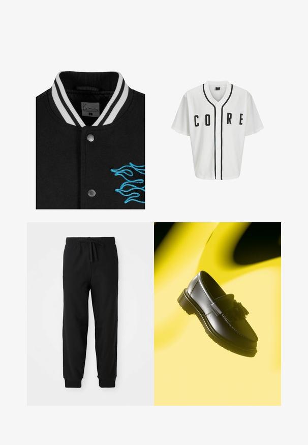 Schwarze College-Jacke mit einem weißen gestreiften Kragen, Druckknopfverschluss und lebendiger blauer Flammenstickerei auf der linken Seite.; Weißes Baseball-Trikot mit kurzen Ärmeln, schwarzen Frontknöpfen und fett gedrucktem "CORE"-Schriftzug in Schwarz. Mit schwarzen Akzenten entlang des Kragens.; Langärmliges weißes Baumwoll-T-Shirt mit Rundhalsausschnitt, das auf der linken Brust ein kleines gelbes und burgunderrotes Logo trägt. Nahtlose Bündchen und Saum.; Schwarze Sweatpants mit elastischem Bund und verstellbarem Kordelzug. Enganliegende Bündchen und Seitennähte schaffen eine schlanke Silhouette.; Schwarze Lederhalbschuhe mit einer dekorativen Quaste, die eine gestickte Kante und eine dicke, strukturierte Sohle aufweisen. Vor einem gelben Hintergrund.
