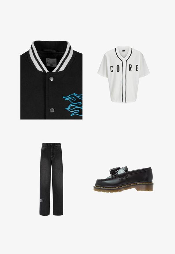Chaqueta varsity negra con cuello de rayas blancas, cierre de botones a presión y un vibrante bordado de llamas azules en el lado izquierdo.; Jersey blanca estilo béisbol con mangas cortas, botones frontales negros y letras en negrita "CORE" en negro. Presenta un ribete negro a lo largo del cuello.; Camiseta blanca de algodón de manga larga con cuello redondo, que presenta un pequeño logo amarillo y burdeos en el lado izquierdo del pecho. Puños y dobladillo sin costuras.; Pantalones vaqueros de mezclilla negros de pierna ancha con cintura alta, que cuentan con dos bolsillos frontales y un detalle de logo decorativo en la parte inferior de la pierna.; Mocasines de cuero negro con un acabado texturizado, que presentan un borlas decorativa y una costura amarilla en contraste, sobre una suela gruesa y transparente.