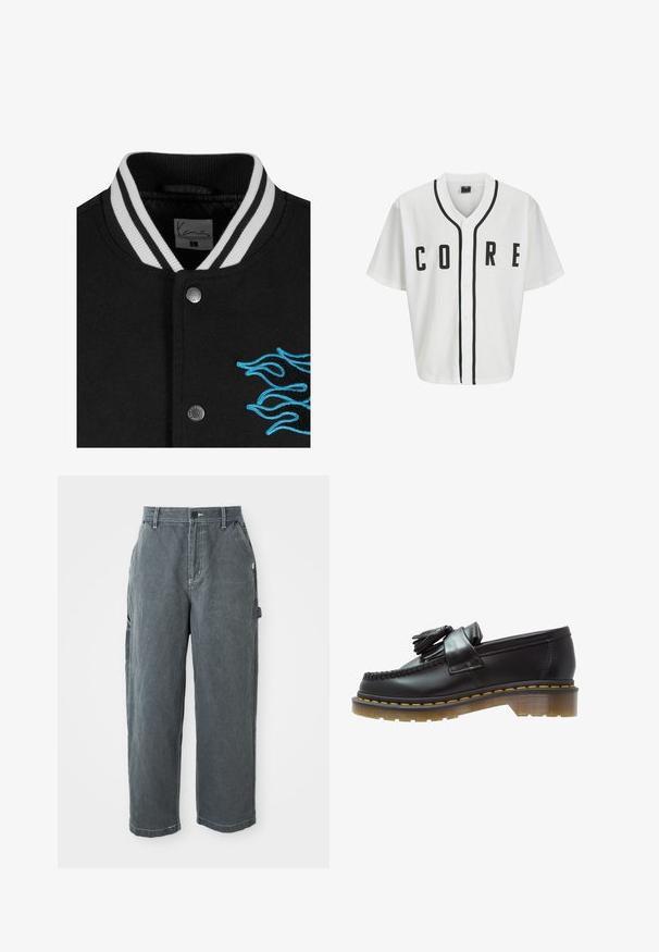 Melna koledžas jaka ar baltu svītrainu apkakli, pogu aizdari un spilgtu zilu liesmu izšuvumu kreisajā pusē.; Balta beisbola stila krekls ar īsām piedurknēm, melniem priekšējiem pogām un izteiksmīgu melnu "CORE" uzrakstu. Iezīmē melnu akcentu apdari ap kaklu.; Gari garām piedurknēm balts kokvilnas T-krekls ar apaļu kakla izgriezumu, ar nelielu dzeltenu un bordo logotipu kreisajā krūtī. Bezšuvju aproces un apakšmala.; Tumši pelēki taisni darba bikses ar jostas cilpām, priekšējo pogu un rāvējslēdzēju, sānu kabatām un āmura cilpu labajā kājā.; Melni ādas loafers ar teksturētu apdari, ar dekoratīvu pušķi un kontrastējošām dzeltenām šuvēm, uz masīvas caurspīdīgas zoles.