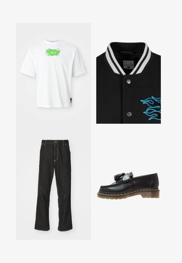 Black varsity jacket featuring a white striped collar, snap button closure, and vibrant blue flame embroidery on the left side.; White baseball-style jersey with short sleeves, black front buttons, and bold "CORE" lettering in black. Features black accent trim along the collar.; White short-sleeve shirt with green "Ripndip Pima" text and small cartoon cat illustrations near the neckline and a Puma tag near the hem.; Black denim jeans with a loose fit, featuring contrasting white stitching, a button closure, and a straight leg design.; Black leather loafers with a textured finish, featuring a decorative tassel and contrasting yellow stitching, on a chunky, transparent sole.