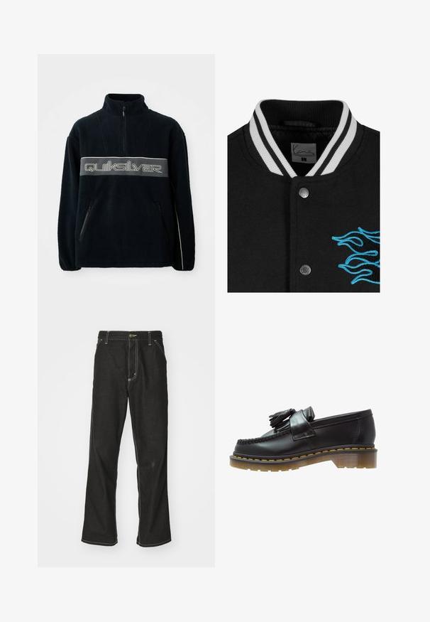 Crni универзитетски капут са белим пругастим коларом, затварањем на дугмиће и живописном плавом ватрографијом на левој страни.; Crni flis pulover s gornjim zatvaračem, bočnim džepovima na zatvarač i velikim Quiksilver logotipom u sivoj boji preko prsa.; Dugi rukav bijela pamučna majica s okruglim izrezom, sa malim žutim i burgundskim logom na lijevoj strani prsnog koša. Bezšavne manžete i rub.; Crne traperice s opuštenim krojem, s kontrastnim bijelim šavovima, zakovicom za zatvaranje i ravnim nogavicama.; Crne kožne mokasine s teksturiranim finišem, s dekorativnom resom i kontrastnim žutim šavovima, na debelom prozirnom đonu.