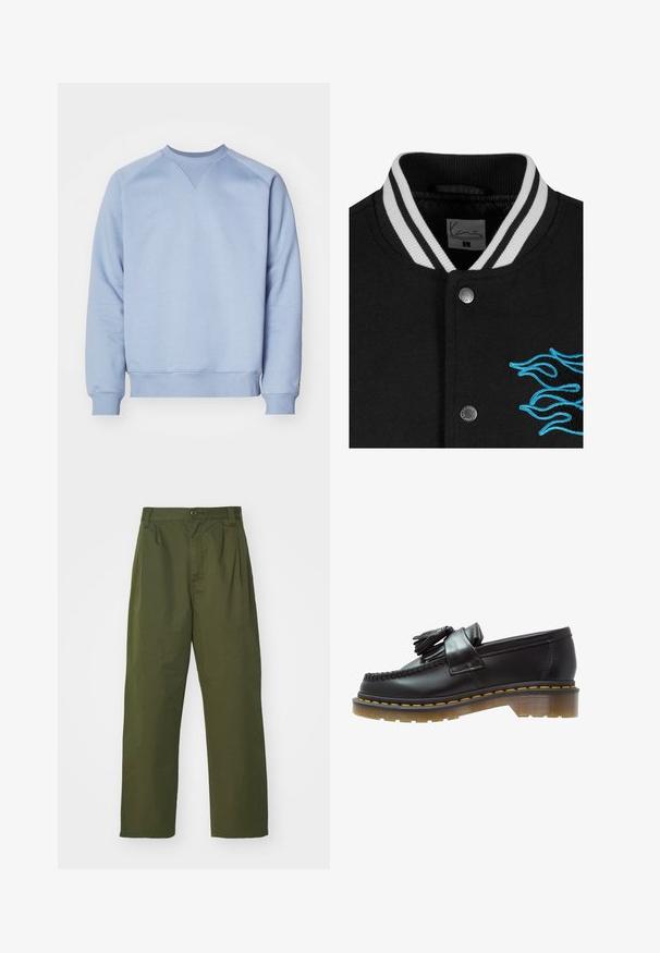 Giacca varsity nera con colletto a righe bianche, chiusura con bottoni a pressione e vivace ricamo di fiamme blu sul lato sinistro.; Felpa azzurra in misto cotone. Presenta un collo a giro, polsini e orlo a costine, con un dettaglio a punto triangolare sul collo.; Pantaloni verde oliva a vita alta con design a gamba dritta. Realizzati in un tessuto leggero, con pieghe frontali e chiusura a bottone.; Mocassini in pelle nera con finitura testurizzata, caratterizzati da un pon-pon decorativo e cuciture gialle a contrasto, su una suola spessa e trasparente.