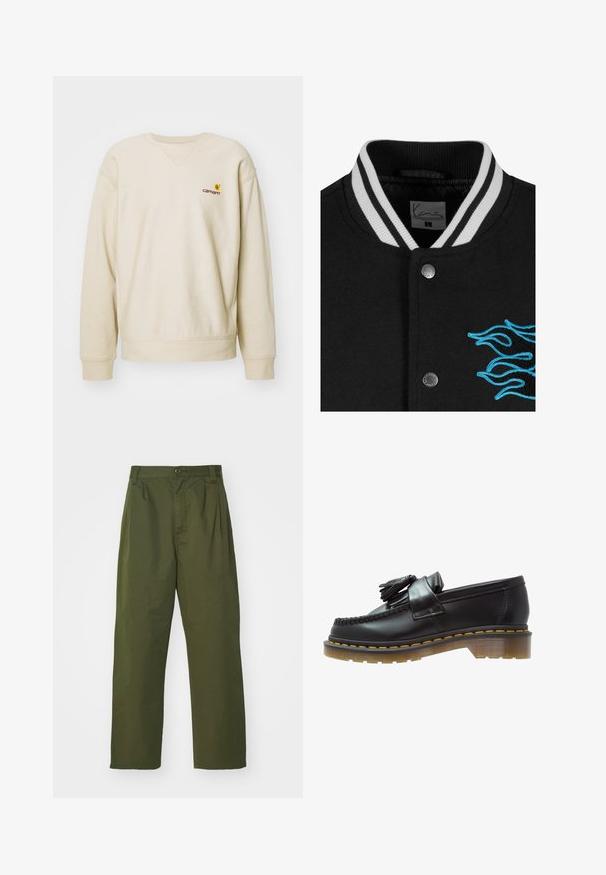 Black varsity jacket featuring a white striped collar, snap button closure, and vibrant blue flame embroidery on the left side.; Beige sweatshirt with a round neckline and raglan sleeves. Features a small embroidered logo on the left chest. Soft, textured fabric.; Olive green, high-waisted pants with a straight leg design. Made of a lightweight fabric, featuring front pleats and a button closure.; Black leather loafers with a textured finish, featuring a decorative tassel and contrasting yellow stitching, on a chunky, transparent sole.