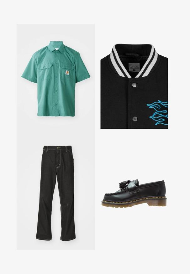 Fekete egyetemi dzseki fehér csíkos gallérral, patentgombos záródással és élénk kék lánghímzéssel a bal oldalon.; Rövid ujjú, gombos ing türkiz színű anyagból, sima tapintással. Két mellzsebbe és egy kis logós foltra van a bal mellen.; Fekete farmernadrág laza szabással, kontrasztos fehér varrással, gombos záródással és egyenes lábmegoldással.; Fekete bőr loaferek texturált felülettel, dekoratív bojtokkal és kontrasztos sárga varrással, tömzsi, átlátszó talpon.
