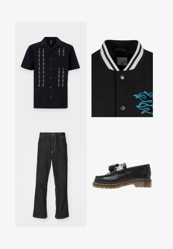 Fekete egyetemi dzseki fehér csíkos gallérral, patentgombos záródással és élénk kék lánghímzéssel a bal oldalon.; Rövid ujjú, fekete ing, fehér cikk-cakk mintázattal, öt gombbal az elején, valamint egy mellzsebből.; Fehér pamut póló kerek nyakkivágással, rövid ujjal és laza szabással. Egyszerű dizájnnal rendelkezik, minták vagy díszek nélkül.; Fekete farmernadrág laza szabással, kontrasztos fehér varrással, gombos záródással és egyenes lábmegoldással.; Fekete bőr loaferek texturált felülettel, dekoratív bojtokkal és kontrasztos sárga varrással, tömzsi, átlátszó talpon.