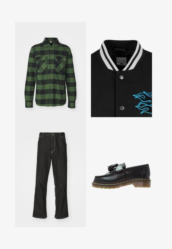 Zwarte varsityjack met een witte gestreepte kraag, drukknoopsluiting en levendige blauwe vlamborduursel aan de linkerkant.; Groene en zwarte geruite flanellen overhemd met twee borstzakken, knopen aan de voorkant, lange mouwen en een puntige kraag. Zachte textuur.; Witte katoenen T-shirt met lange mouwen en ronde hals, met een klein geel en bordeaux logo op de linkerborst. Naadloze manchetten en zoom.; Zwarte denim jeans met een losse pasvorm, voorzien van contrasterende witte stiksels, een knoopsluiting en een recht ontwerp.; Zwarte leren instappers met een gestructureerde afwerking, voorzien van een decoratieve kwast en contrasterende gele stiksels, op een chunky, transparante zool.