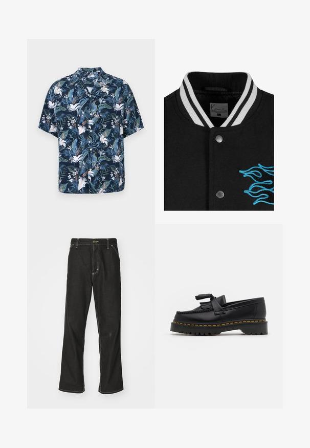 Fekete egyetemi dzseki fehér csíkos gallérral, patentgombos záródással és élénk kék lánghímzéssel a bal oldalon.; Sötétkék, rövid ujjú ing virágmintával. Trópusi levelek és fehér virágok díszítik, galléros nyakkal és gombos elülső résszel rendelkezik.; Fekete farmernadrág laza szabással, kontrasztos fehér varrással, gombos záródással és egyenes lábmegoldással.; Fekete bőr mokaszin, rojtos díszítéssel, masszív fekete talppal és sárga varrással az élén. Texturált felület.