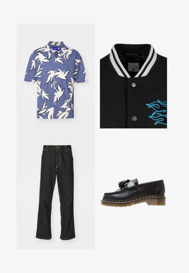 Crni универзитетски капут са белим пругастим коларом, затварањем на дугмиће и живописном плавом ватрографијом на левој страни.; Jack & Jones JORJEFF - Majica - night shadow blue; Crne traperice s opuštenim krojem, s kontrastnim bijelim šavovima, zakovicom za zatvaranje i ravnim nogavicama.; Crne kožne mokasine s teksturiranim finišem, s dekorativnom resom i kontrastnim žutim šavovima, na debelom prozirnom đonu.