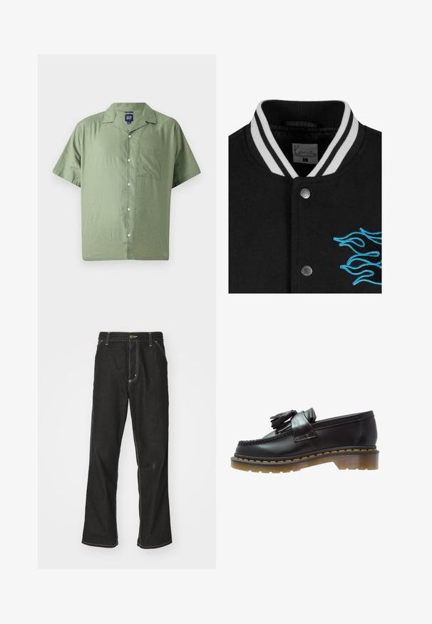 Jachetă varsity neagră, cu guler alb cu dungi, închidere cu nasturi și broderie stridentă cu flăcări albastre pe partea stângă.; GAP Cămașă - twig; Tricou alb din bumbac cu mânecă lungă și guler rotund, având un mic logo galben și burgund pe pieptul stâng. Manșete și tiv fără cusături.; Jeans negri din denim, cu o croială largă, cu cusături albe contrastante, închidere cu nasture și un design cu picior drept.; Mocasini din piele neagră cu un finisaj texturat, având un ciucure decorativ și cusături contrastante de culoare galbenă, pe un toc masiv, transparent.