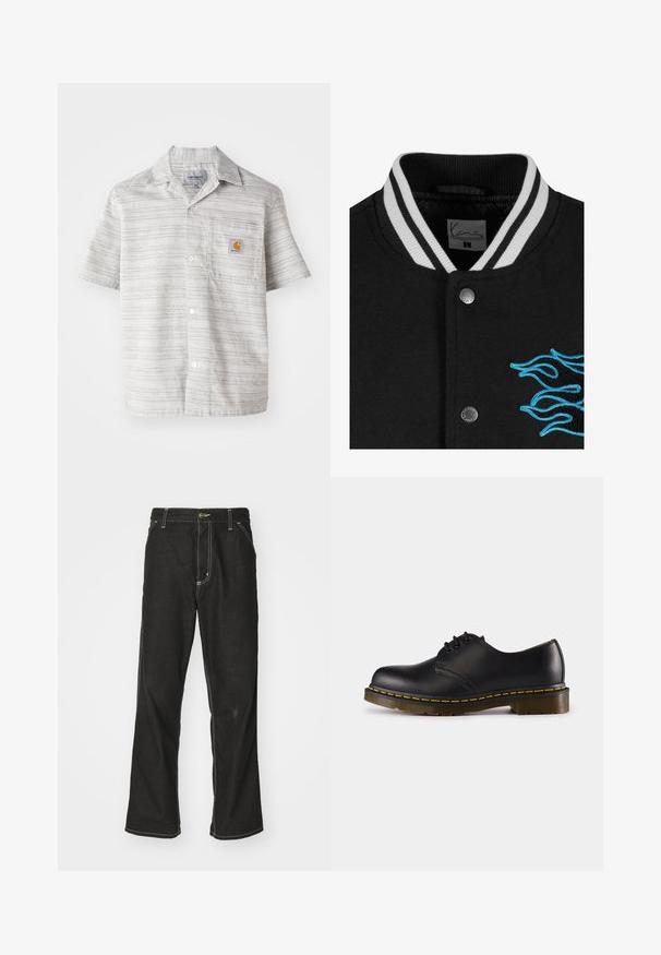 Czarna kurtka varsity z białymi paskami na kołnierzu, zapięciem na napy oraz żywym, niebieskim haftem płomienia po lewej stronie.; Koszula z krótkim rękawem w jasnoszarym kolorze w pionowe paski, z guzikiem z przodu oraz kieszenią na piersi z niewielkim pomarańczowym logo. Tkanina mieszanki bawełny.; Czarne dżinsy o luźnym kroju, z kontrastującymi białymi szwami, z zapięciem na guzik i prostą nogawką.; Czarna skórzana półbut z okrągłym noskiem, wiązany, z żółtym przeszyciem wzdłuż podeszwy i masywną, teksturowaną gumową podeszwą.