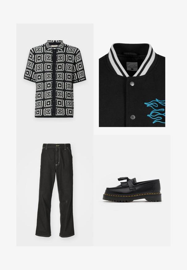 Černá varsity bunda s bílými pruhovanými límci, zapínáním na cvoky a výraznou modrou vyšívanou plamenovou ilustrací na levé straně.; Hedvábná košile s krátkým rukávem v černobílé barvě s čtvercovým vzorem. Vyrobeno z texturované tkaniny, s knoflíkovým zapínáním a špičatým límcem.; Černé denimové džíny s volným střihem, s kontrastním bílým prošíváním, zapínáním na knoflík a rovnými nohavicemi.; Černé kožené mokasíny s třásněmi, se silnou černou podrážkou a žlutým prošíváním podél okraje. Texturovaný povrch.
