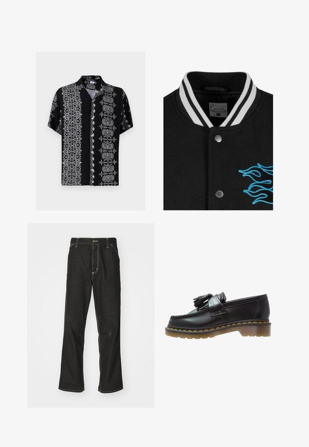 Černá varsity bunda s bílými pruhovanými límci, zapínáním na cvoky a výraznou modrou vyšívanou plamenovou ilustrací na levé straně.; Kratší rukávová košile na knoflíky z černé látky, s jemnými bílými květinovými a dekoračními vzory na obou stranách a límečkem.; Bílý bavlněný tričko s dlouhými rukávy a kulatým výstřihem, na levé části hrudi se nachází malé logo v žluté a burgundské barvě. Bezšvové manžety a lem.; Černé denimové džíny s volným střihem, s kontrastním bílým prošíváním, zapínáním na knoflík a rovnými nohavicemi.; Černé kožené mokasíny s texturovaným povrchem, zdobené dekorativním třásněm a kontrastním žlutým prošíváním, na robustní průhledné podrážce.