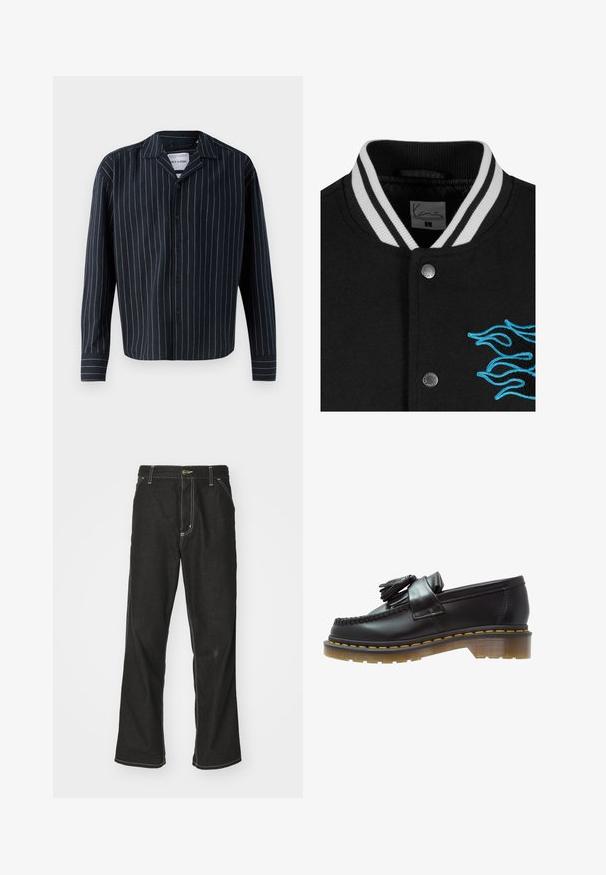 Juoda universiteto striukė su balta juostele apykaklėje, spaudžių mygtukų uždarymu ir ryškiai mėlyna liepsnos siuvinėjimu kairėje pusėje.; Tamsiai mėlynas mygtukų marškinys su vertikaliomis baltomis ir kreminėmis juostelėmis, su apykakle, ilgomis rankovėmis ir tiesia paruošta apatine dalimi. Minkšta audinio tekstūra.; Juodi džinsai su laisvu siluetu, turintys kontrastingas balto siūlo siūles, mygtuko uždarymą ir tiesų kojos dizainą.; Juodai odiniai loaferiai su tekstūruotu paviršiumi, dekoruoti dekoratyvinėmis kutais ir kontrastingomis geltonomis siūlėmis, ant masyvaus, skaidraus pado.