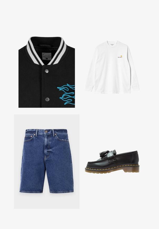 Giacca varsity nera con colletto a righe bianche, chiusura con bottoni a pressione e vivace ricamo di fiamme blu sul lato sinistro.; T-shirt bianco di cotone a maniche lunghe con collo a girocollo, caratterizzato da un piccolo logo giallo e borgogna sul lato sinistro del petto. Polsini e orlo senza cuciture.; Pantaloni shorts in denim blu scuro con un taglio classico, dotati di chiusura a bottone, cinque tasche e cuciture arancioni in contrasto.; Mocassini in pelle nera con finitura testurizzata, caratterizzati da un pon-pon decorativo e cuciture gialle a contrasto, su una suola spessa e trasparente.