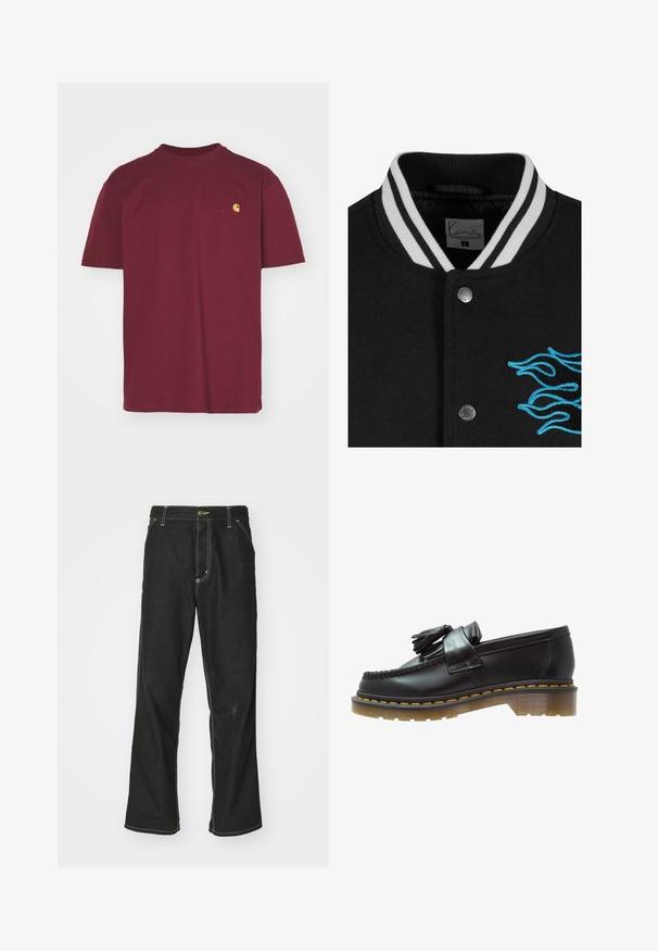 Melna koledžas jaka ar baltu svītrainu apkakli, pogu aizdari un spilgtu zilu liesmu izšuvumu kreisajā pusē.; Carhartt WIP AMERICAN SCRIPT - Pamata T-krekls - malbec; Melni džinsi ar brīvu piegriezumu, ar kontrastējošu baltu diegu, pogu aizdari un taisnu kāju dizainu.; Melni ādas loafers ar teksturētu apdari, ar dekoratīvu pušķi un kontrastējošām dzeltenām šuvēm, uz masīvas caurspīdīgas zoles.