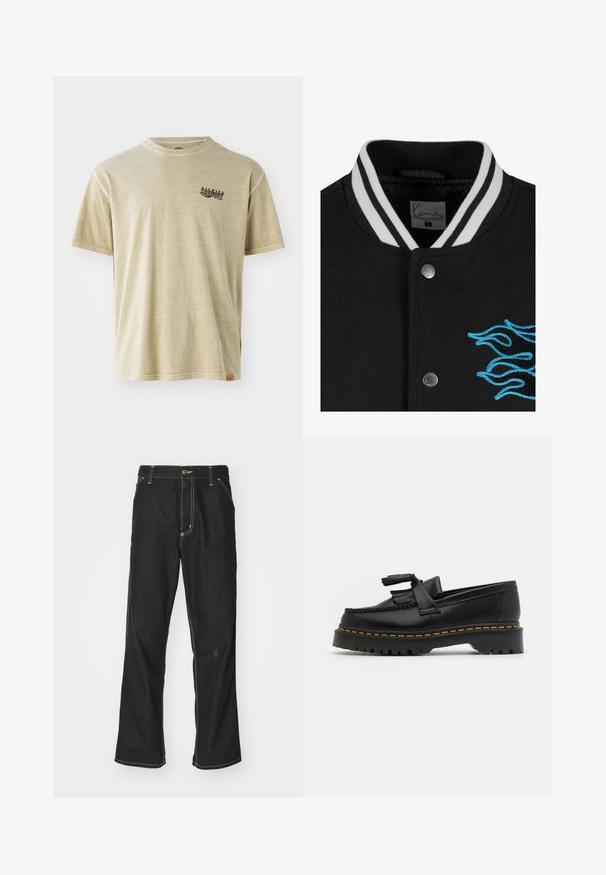 Juoda universiteto striukė su balta juostele apykaklėje, spaudžių mygtukų uždarymu ir ryškiai mėlyna liepsnos siuvinėjimu kairėje pusėje.; Bežinis medvilninis marškinėliai su trumpomis rankovėmis, apvalia iškirpte ir mažu juodu grafiniu spaudiniu viršutinėje kairėje krūtinės pusėje. Etiketė matoma apatinėje pusėje.; Juodi džinsai su laisvu siluetu, turintys kontrastingas balto siūlo siūles, mygtuko uždarymą ir tiesų kojos dizainą.; Juodas odinis loaferis su kutais, turintis masyvų juodą pado ir geltonus siūlus palei kraštą. Textūruota danga.