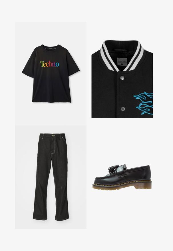 Zwarte varsityjack met een witte gestreepte kraag, drukknoopsluiting en levendige blauwe vlamborduursel aan de linkerkant.; Zwart T-shirt met korte mouwen met "Techno" in grote, kleurrijke letters op de borst gedrukt, met subtiele slijtage nabij de halslijn.; Zwarte denim jeans met een losse pasvorm, voorzien van contrasterende witte stiksels, een knoopsluiting en een recht ontwerp.; Zwarte leren instappers met een gestructureerde afwerking, voorzien van een decoratieve kwast en contrasterende gele stiksels, op een chunky, transparante zool.