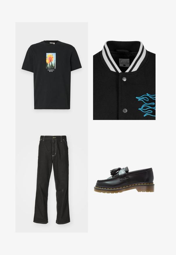 Jachetă varsity neagră, cu guler alb cu dungi, închidere cu nasturi și broderie stridentă cu flăcări albastre pe partea stângă.; Tricou negru din bumbac cu un grafic floral central format din flori portocalii cu tulpini verzi, accentuat cu text alb și albastru.; Jeans negri din denim, cu o croială largă, cu cusături albe contrastante, închidere cu nasture și un design cu picior drept.; Mocasini din piele neagră cu un finisaj texturat, având un ciucure decorativ și cusături contrastante de culoare galbenă, pe un toc masiv, transparent.