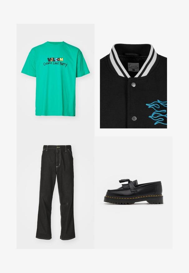 Musta yliopistojakki, jossa on valkoinen raidallinen kaulus, nepparikiinnitys ja eloisat siniset liekkikirjailut vasemmalla puolella.; T-paita turkoosista puuvillasta, jossa on musta ja keltainen "VOLCOM" -logo, sekä "COSMIC LOVE PARTY" leikkisällä käsinkirjoitetulla fontilla. Lyhyet hihat.; Mustat farkut, joissa on löysä istuvuus, erottuva valkoinen ompelu, nappikiinnitys ja suora lahje.; Musta nahkakengät, joissa on tupsuakkentti, paksu musta pohja ja keltainen ommel reunassa. Rakeinen pinta.