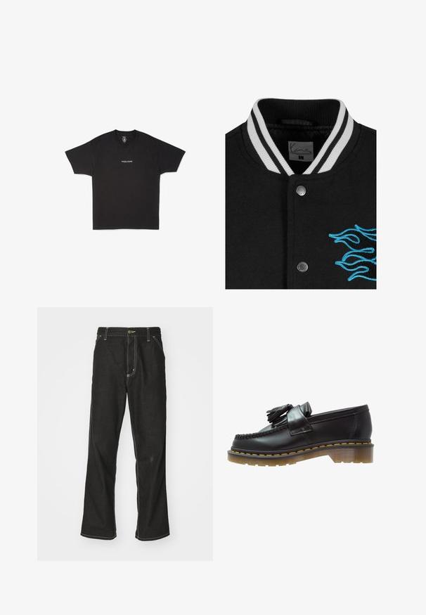 Giacca varsity nera con colletto a righe bianche, chiusura con bottoni a pressione e vivace ricamo di fiamme blu sul lato sinistro.; T-shirt nera in cotone con collo rotondo e maniche corte, con un piccolo logo bianco "VOLCOM" stampato al centro anteriore.; Jeans in denim nero con una vestibilità ampia, caratterizzati da cuciture bianche a contrasto, chiusura a bottone e un design a gamba dritta.; Mocassini in pelle nera con finitura testurizzata, caratterizzati da un pon-pon decorativo e cuciture gialle a contrasto, su una suola spessa e trasparente.