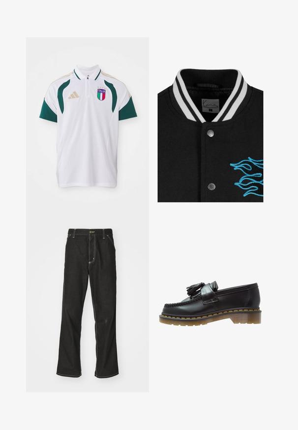 Juoda universiteto striukė su balta juostele apykaklėje, spaudžių mygtukų uždarymu ir ryškiai mėlyna liepsnos siuvinėjimu kairėje pusėje.; Balta polo marškinėliai su žaliais akcentais, trumpomis rankovėmis ir užtrauktuku ant kaklo. Ant krūtinės yra "ITALIA" logotipas ir trys žvaigždutės virš jo. "adidas" logotipas ant peties.; Juodi džinsai su laisvu siluetu, turintys kontrastingas balto siūlo siūles, mygtuko uždarymą ir tiesų kojos dizainą.; Juodai odiniai loaferiai su tekstūruotu paviršiumi, dekoruoti dekoratyvinėmis kutais ir kontrastingomis geltonomis siūlėmis, ant masyvaus, skaidraus pado.