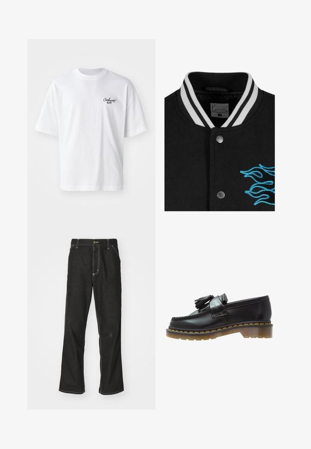 Veste de sport noire avec un col à rayures blanches, fermeture à boutons-pression et broderie de flammes bleues vives sur le côté gauche.; T-shirt en coton blanc avec un col rond et des manches courtes. Présente un logo en script noir sur la poitrine gauche. Coupe décontractée avec des coutures latérales.; Jean en denim noir avec une coupe ample, comportant des coutures blanches contrastantes, une fermeture à bouton et un design à jambes droites.; Mocassins en cuir noir avec une finition texturée, ornés d'un pompon décoratif et de coutures jaunes contrastantes, sur une semelle épaisse et transparente.