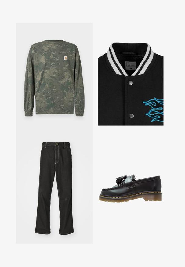 Čierna varsity bunda s bielym prúžkovaným golierom, zapínaním na cvoky a živou modrou výšivkou plameňa na ľavej strane.; Dlhá rukávová maskáčová košeľa v zelenej a hnedej tónoch s malou štvorcovou nášivkou s logom Carhartt na ľavej strane hrudníka.; Čierne denimové nohavice s voľným strihom, s kontrastným bielym prešívaním, uzáverom na gombík a rovnými nohavicami.; Čierne kožené mokasíny s textúrovaným povrchom, so zdobnou strapcovou aplikáciou a kontrastným žltým prešívaním, na masívnej priehľadnej podrážke.