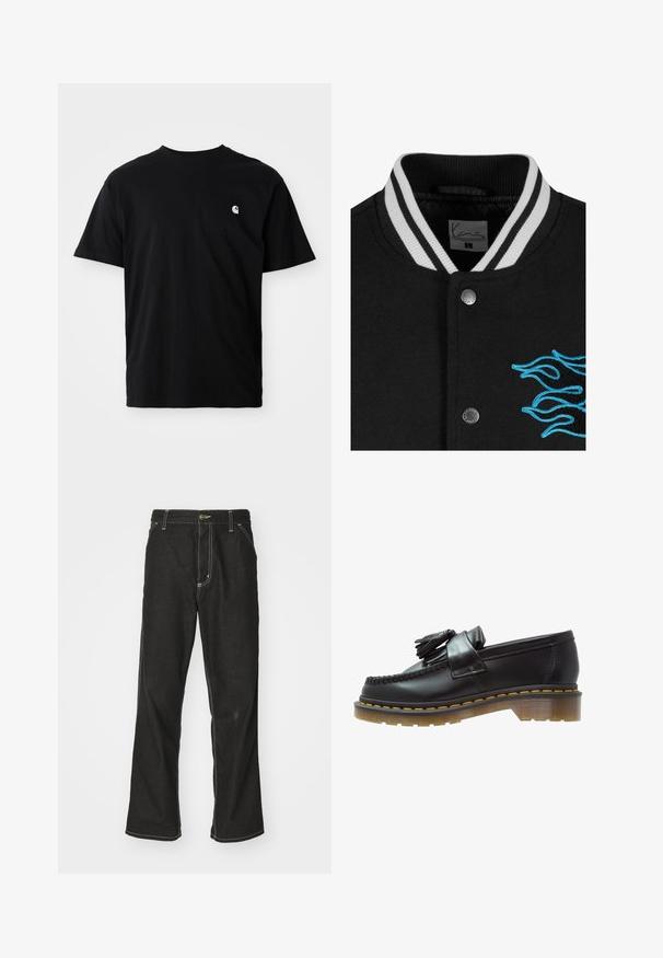 Fekete egyetemi dzseki fehér csíkos gallérral, patentgombos záródással és élénk kék lánghímzéssel a bal oldalon.; Fekete pamut póló kerek nyakkal, rövid ujjakkal, és egy kis fehér logóval a bal mellrészen. Oldalsó varrások láthatóak. Puha tapintású.; Fekete farmernadrág laza szabással, kontrasztos fehér varrással, gombos záródással és egyenes lábmegoldással.; Fekete bőr loaferek texturált felülettel, dekoratív bojtokkal és kontrasztos sárga varrással, tömzsi, átlátszó talpon.