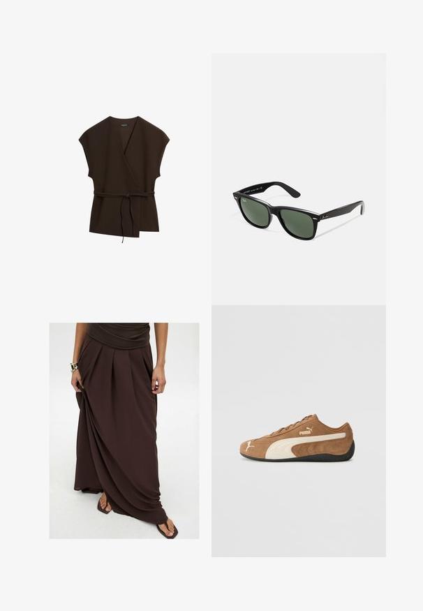 Massimo Dutti DOUBLE-BREASTED V-NECK WITH TIES - Leichte Jacke - mottled dark brown; Schwarzes Langarmoberteil aus weichem Stoff. Mit Rundhalsausschnitt und gerafftem Detail an der Taille. Glatte Textur, figurbetonter Schnitt.; Braßer Maxirock aus leichtem Stoff, der Falten, ein fließendes Design und einen elastischen Bund für hohen Tragekomfort aufweist.; Braune Wildleder-Low-Top-Sneaker mit cremefarbenen Akzenten, strukturierter Oberfläche, schwarzer Gummisohle und gesticktem Logo an der Seite und Zunge.; Schwarze Plastiksonnenbrille mit grünen Gläsern, quadratischen Rahmen, silbernem Akzent auf der Augenbraue und strukturierten Bügeln. Angegebene Marke auf dem inneren Bügel.; Schwarze gewebte Leder-Clutch im rechteckigen Design, ausgestattet mit einem dünnen Griff und dezenten goldfarbenen Hardware-Details.