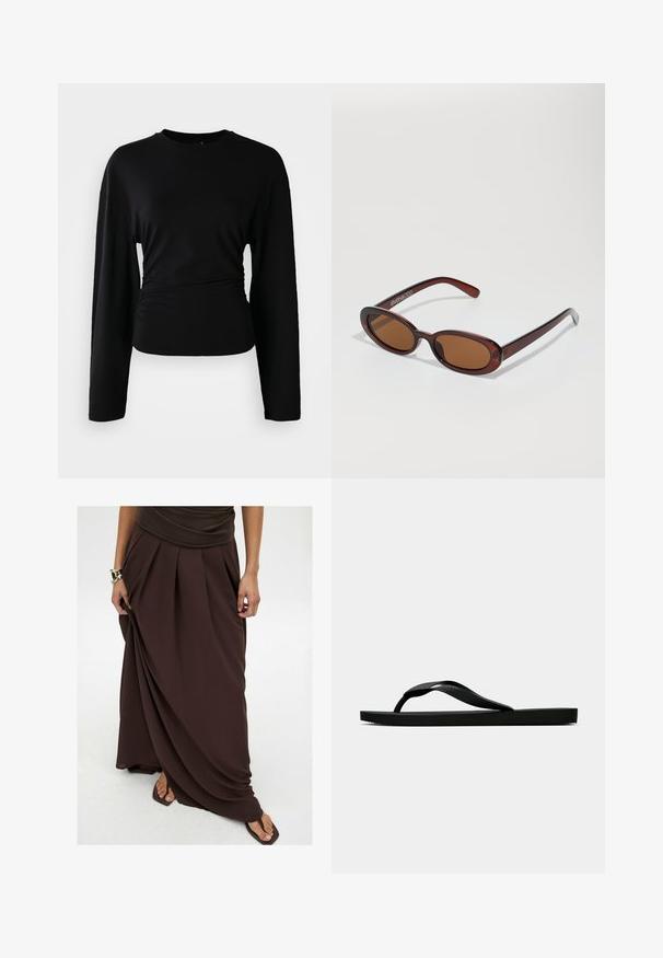 Massimo Dutti DOUBLE-BREASTED V-NECK WITH TIES - Leichte Jacke - mottled dark brown; Schwarzes Langarmoberteil aus weichem Stoff. Mit Rundhalsausschnitt und gerafftem Detail an der Taille. Glatte Textur, figurbetonter Schnitt.; Braßer Maxirock aus leichtem Stoff, der Falten, ein fließendes Design und einen elastischen Bund für hohen Tragekomfort aufweist.; Schwarze Gummi-Flip-Flop-Sandale mit einem strukturierten Riemen und einfacher flacher Sohle, von der Seite auf einem schlichten hellen Hintergrund dargestellt.; Runde, braun getönte Sonnenbrillen mit einem glänzenden burgunderfarbenen Rahmen. Schlanke Bügel mit dezentem Branding. Flaches Linsendesign.; Schwarze gewebte Leder-Clutch im rechteckigen Design, ausgestattet mit einem dünnen Griff und dezenten goldfarbenen Hardware-Details.; Ein Stapel aus zwei Ringen; der obere ist bernsteinfarben mit Wirbelmustern, und der untere ist hellbeige; beide sind aus glattem und glänzendem Harz.
