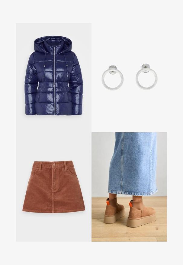 Marine blauwe pufferjack met een glanzende afwerking, capuchon, ritssluiting, verstelbare trektouwen en een ceintuur in de taille. Gevoerde textuur en zijzakken.; Drie lange mouw crop tops gestapeld, in de kleuren wit, beige en gedempt teal, met ronde halslijnen op een lichtgrijze achtergrond.; Bruine corduroy mini-jurk met verticale geribde textuur, voorzakken, een knoopsluiting en een rechte snit.; Bruine suède platformlaarzen met elastische zijkanten en oranje trekbandjes, gecombineerd met een lichtdenim rok tot de knie op een houten vloer.; Zilveren metalen ringoorbellen met een geborstelde textuur, met een ronde vorm en een transparante bevestiging voor een veilige draagwijze.