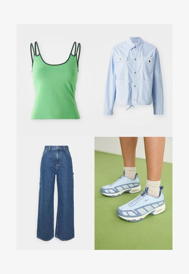 Lys blå stripet jakke med knappefeste, fire frontlommer og snor i bunnen. Har et lite logomerke på venstre lomme.; Grønn tanktopp med tynne stropper, rund halslinje og mørkegrønn kant. Laget av et glatt, elastisk stoff. Fittet design, uten mønstre.; Videbeinete blå denimbukser med høy midje, kontraststing, og sidelommer, med et klassisk fem-lommers design og rå kanter.; Lyseblå treningssko med hvite detaljer, strukturerte paneler og glidelås. Har en synlig luftputesåle og gummisåle.