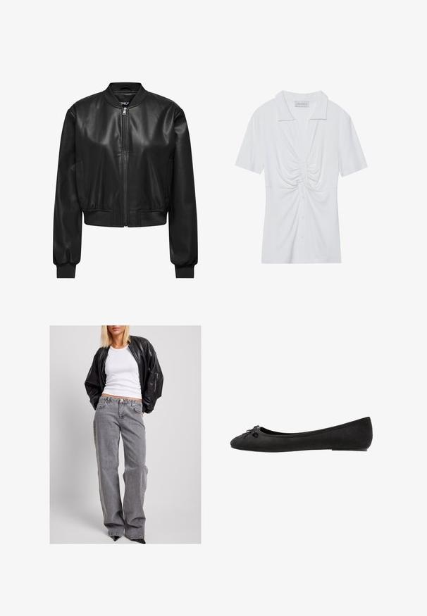 Chaqueta bomber de cuero negro con cierre delantero, cuello y puños de canalé, y bolsillos laterales. Textura suave con un diseño corto.; Blusa blanca de manga corta con collar, con un detalle de nudo retorcido en la parte delantera y una tapeta de botones. Textura ribeteada lisa.; Chaqueta bomber de cuero negro, top de tirantes blanco con canalé y jeans de mezclilla gris de tiro alto con un corte holgado, costuras sutiles y bolsillos acentuados.; Bailarinas de ante negro con puntera redondeada, que presentan un lazo decorativo en la parte delantera y un diseño de suela plana. Textura suave y forma clásica.