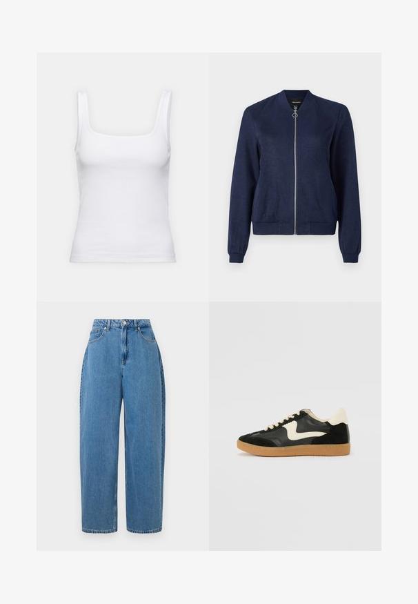 Jakna u mornarsko plavoj boji s srebrnim zatvaračem i okruglom čašicom, s rebrastim manžetama i strukom, postavljena na jednostavnoj bijeloj pozadini.; Bijela rebrasta majica bez rukava sa četvrtastim izrezom i uskim trakama, napravljena od rastegljive mješavine ugljičnog materijala.; Svijetloplave traperice ravnog kroja, visoki struk i prednje kopčanje na gumb. Sadrže pet džepova i minimalne detalje šivanja.; Crna nubuk i kožna tenisica s kremastim bočnim swooshom i svijetlom kremastom petom. Sadrži bež vezice i gumu na potplatu.