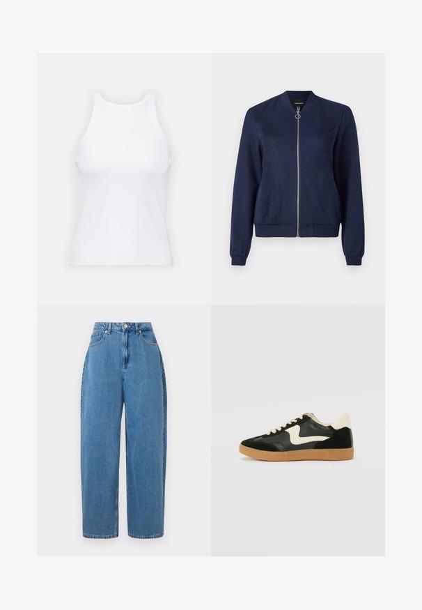 Navy blue bomb jacket with a silver zipper and round pull tab, featuring ribbed cuffs and waistband, against a plain white background.; White sleeveless tank top made of ribbed fabric, featuring a rounded neckline and a fitted silhouette, with minimal seams and no embellishments.; Light blue denim trousers with a straight-leg fit, high waist, and front button closure. Features five pockets and minimal stitching details.; Black suede and leather sneaker with a cream side swoosh and light cream heel. Features beige laces and a gum rubber outsole.