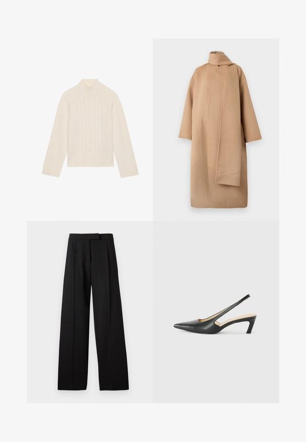 Tan wool coat with a high collar, wide sleeves, and an asymmetrical front opening. Smooth texture and minimalistic design.; Cream-colored knitted sweater with a high neck and cable pattern detailing. Features long sleeves and ribbed cuffs and hem.; Black wide-leg trousers with a smooth texture, featuring a flat front and tailored waistband. Simple design without visible hardware or patterns.; Black pointy-toed slingback shoe with a low heel, featuring smooth leather material and cut-out design on the side for breathability.