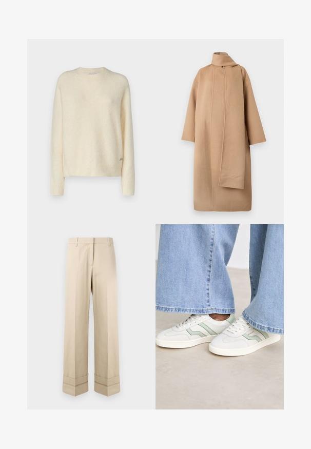 Barna gyapjúkabát magas gallérral, széles ujjal és aszimmetrikus elülső nyitással. Sima textúra és minimalista dizájn.; Krém színű pulóver, puha, texturált anyagból, kerek nyakkivágással, bordás mandzsettával és szegéllyel. Oldalán egy kis logó részlet található.; Beige színű, egyenes szabású nadrág, duplakampós szegéllyel és lapos elülső kialakítással. Sima, tartós anyagból készült.; Fehér sneakers világoszöld részletekkel, textúrált bőr felsőrésszel és lapos gumitalppal. Széles lábú farmernadrággal párosítva.
