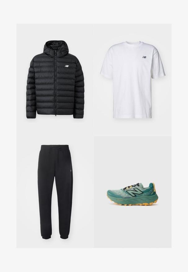Sort forlængelsesjakke med hætte, med lynlås foran, quilted struktur og New Balance-logo på venstre bryst. Glat, let materiale.; Hvid kortærmet T-shirt med rund hals og lille sort New Balance-logo på venstre bryst mod en ensfarvet baggrund.; Sorte sweatpants lavet af blødt materiale med elastisk talje, snore og indsnævrede manchetter, med et diskret logo på siden.; Grøn trail løbesko med en mesh-overdel, sorte snørebånd og en kraftig gul ydersål. Har "Fresh Foam" og "Vibram" branding.
